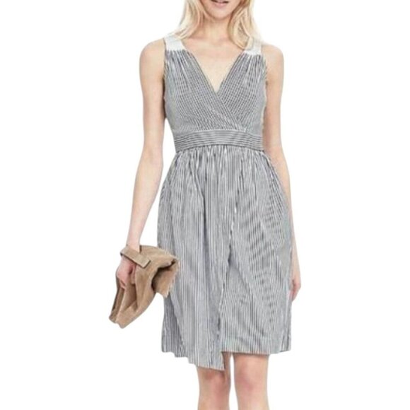 Banana Republic Striped Crossover Fit and Flare Dress 8 - Picture 1 of 7